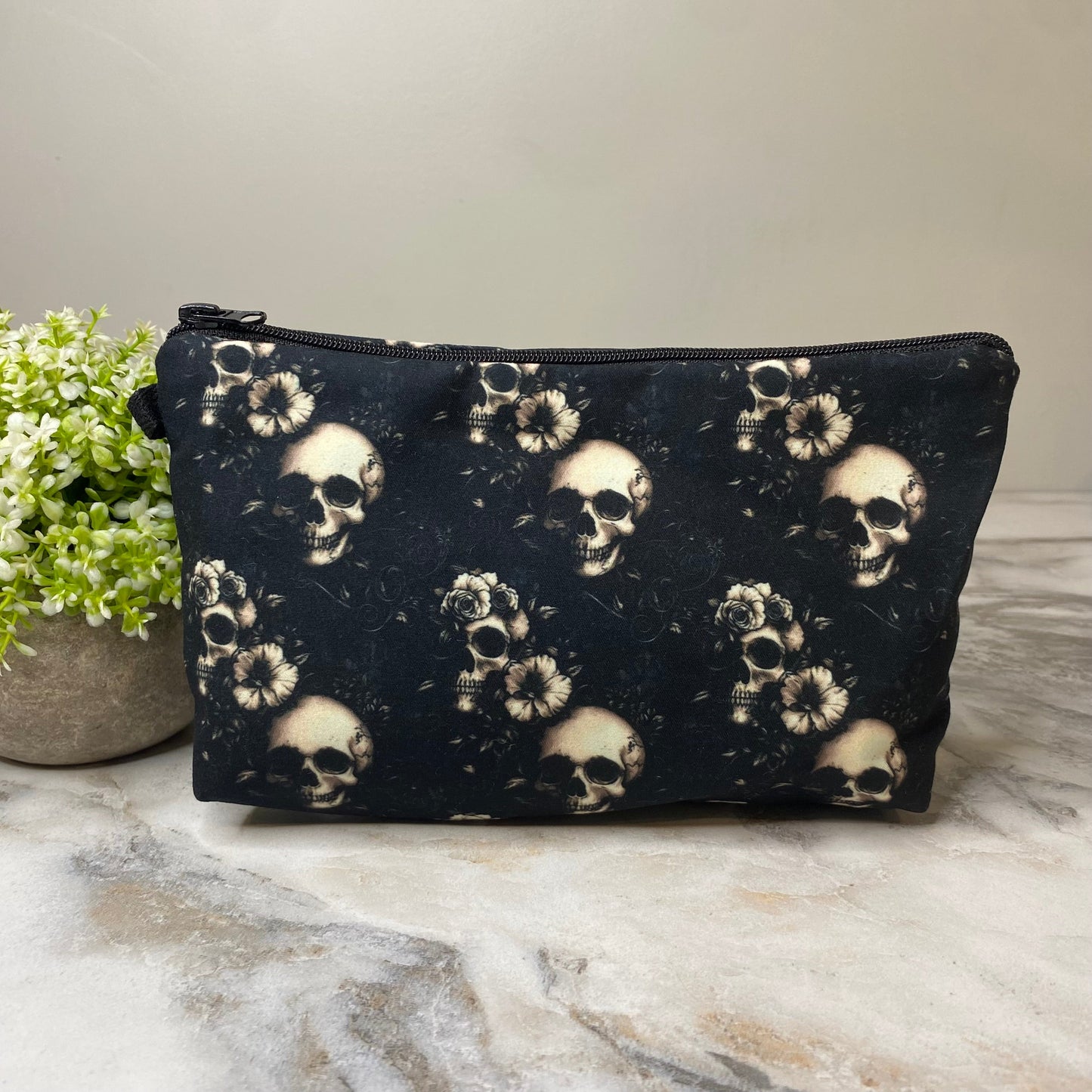 Fall, Black Floral Skull pouch by Arimel by Emily
