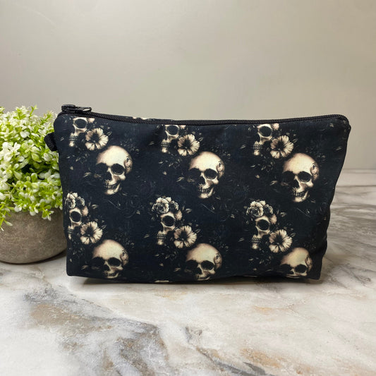 Fall, Black Floral Skull pouch by Arimel by Emily