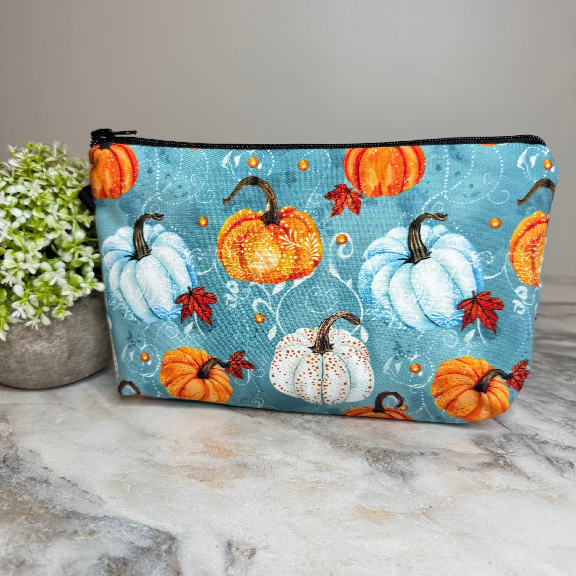 Fall Aqua Filagree Floral Pumpkins pouch by Arimel by Emily